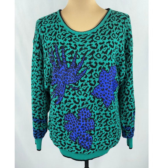 Vintage 80s Adrianna Papell Funky Leopard Knit Sweater Bold Statement Jumper‎